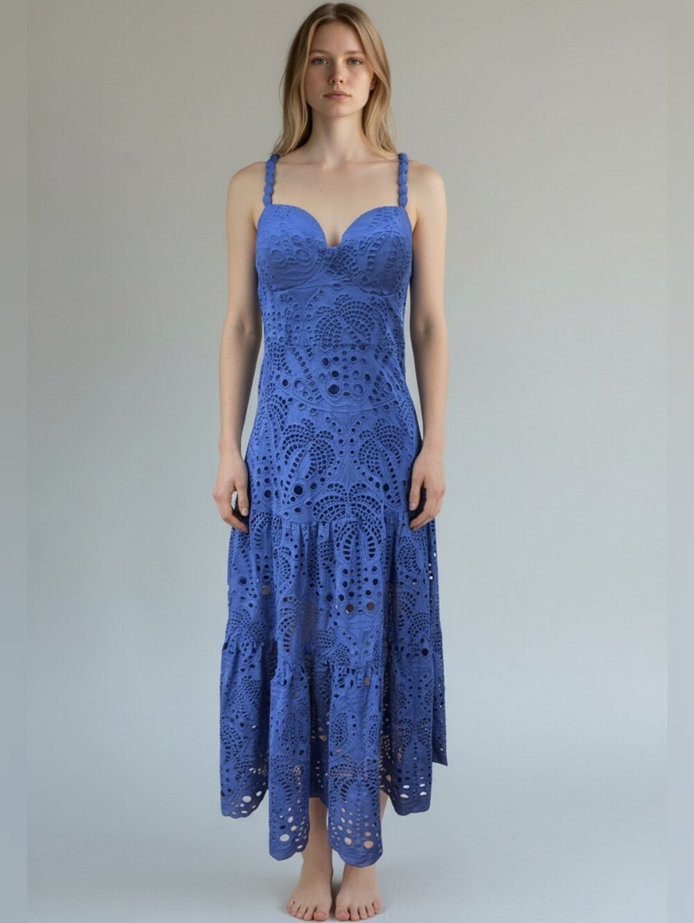 Farm Rio Blue Richelieu Eyelet Midi Dress Size S Beaded Straps Tiered